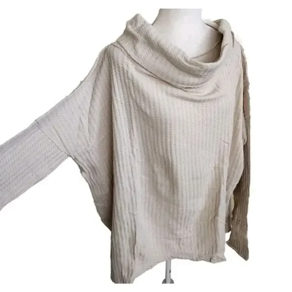 Free People Top Juicy Long Sleeve Size L oversized Ivory NWT Waffle Knit - Picture 9 of 11